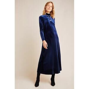 Amadi by Anthropologie Bianca Mockneck Velvet Maxi Dress Navy Blue Women's Large